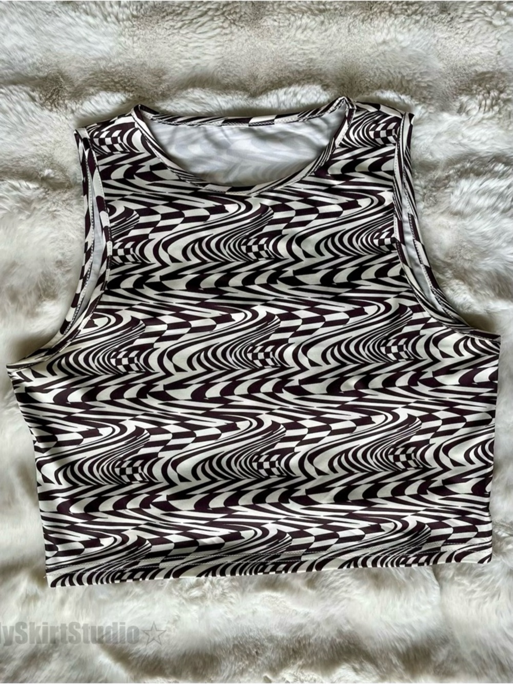 SHEIN Y2K Wavy Checkerboard Crop Top | Size Medium | Trippy Psychedelic Swirl